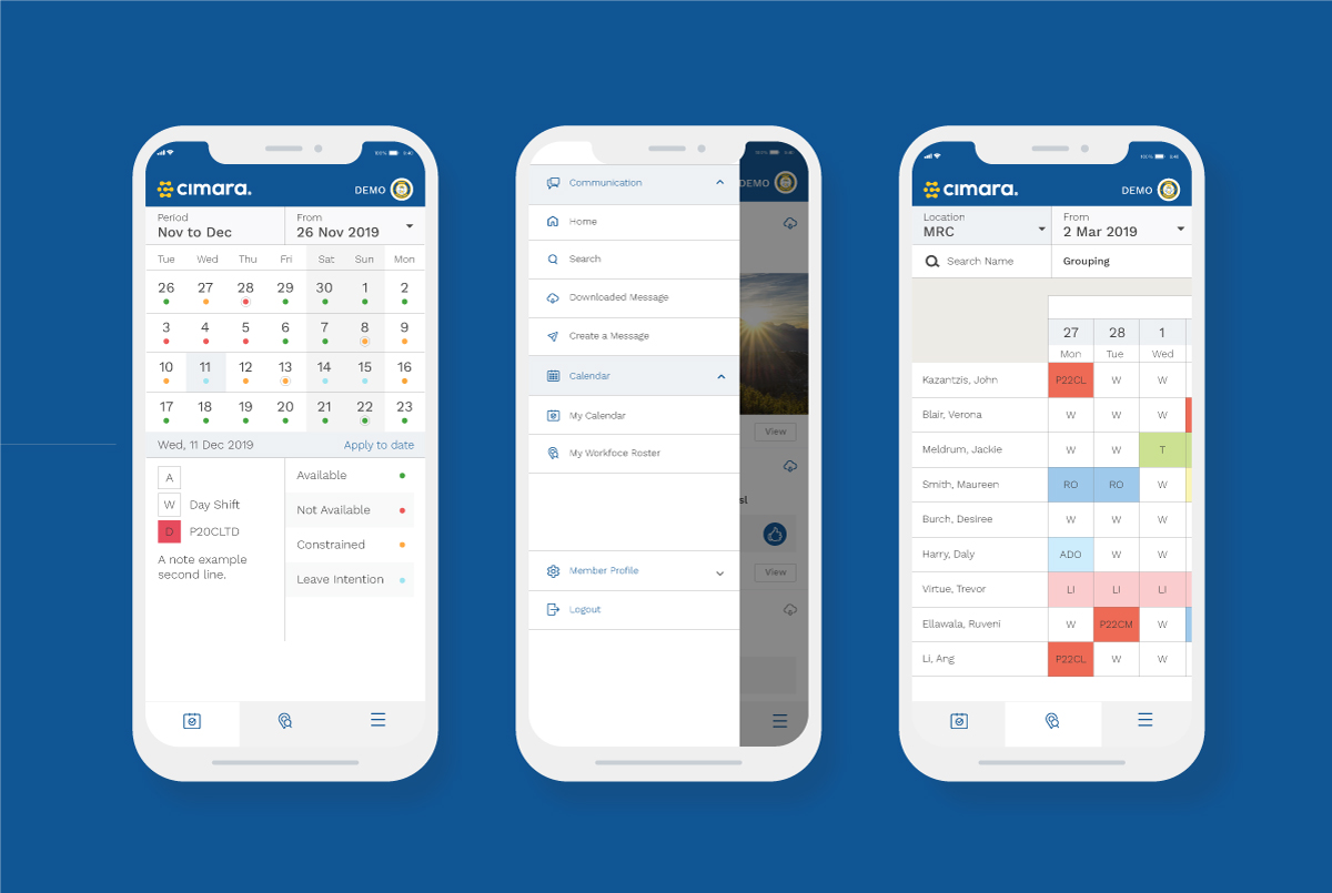 Cimara mobile app 2.0 My Calendar and My Workforce Roster user interface